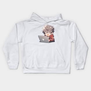 Cute Anime boy using laptop Kids Hoodie